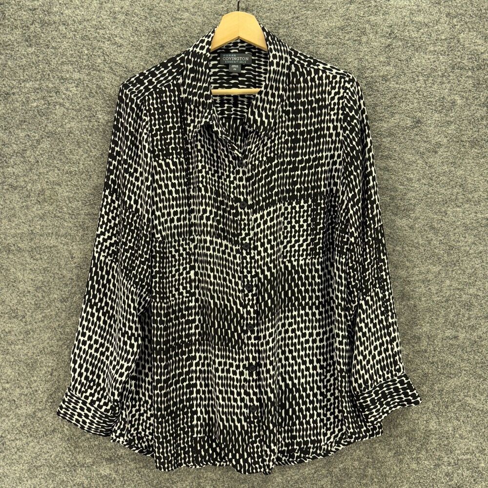 Covington Shirt Women 2X Plus Black Geometric Button Up Collared Long Sleeve